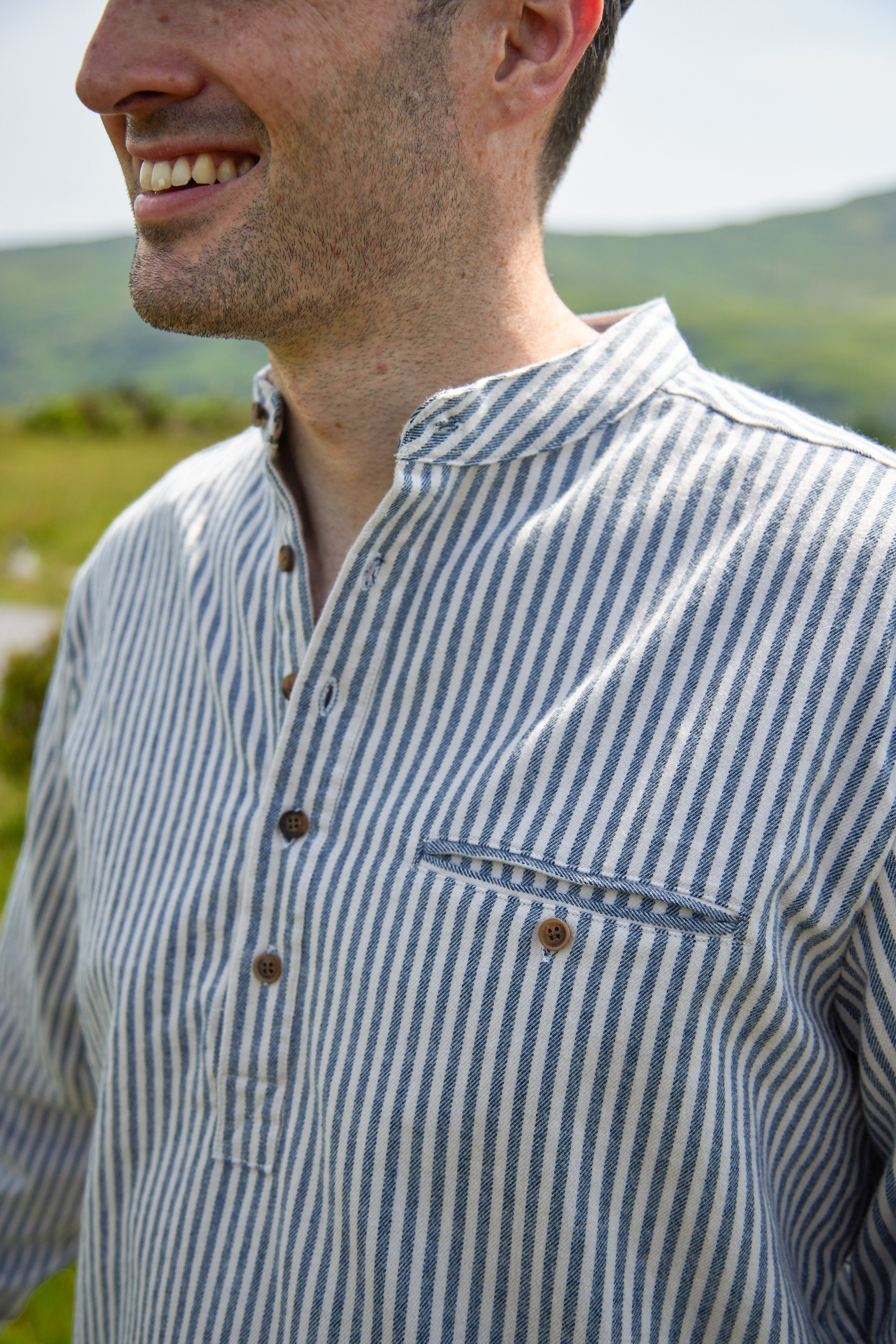 Flanell Grandfather Shirt mit Stehkragen Blue/Cream