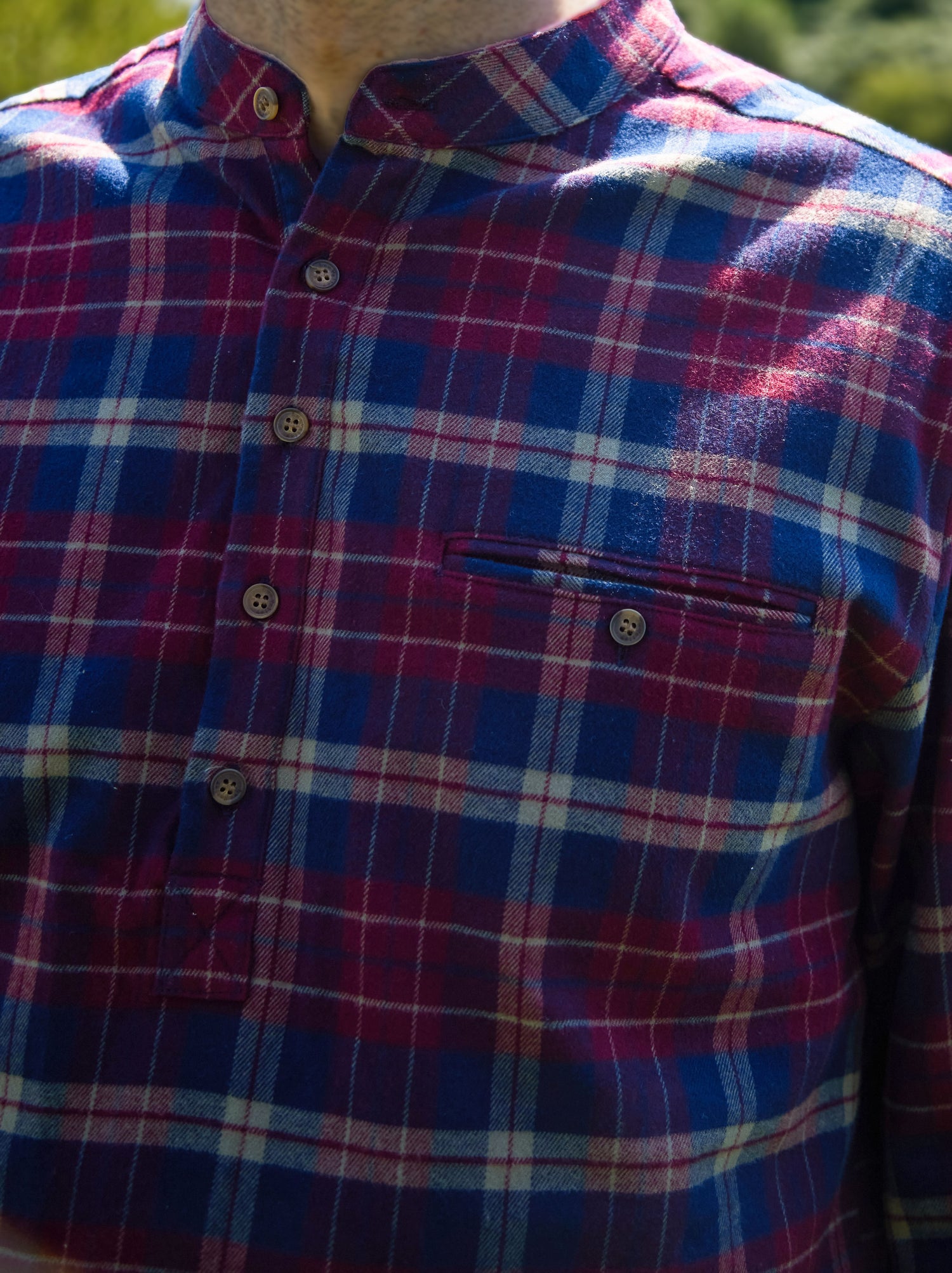 Flanell Grandfather Shirt mit Stehkragen Maroon/Navy kariert