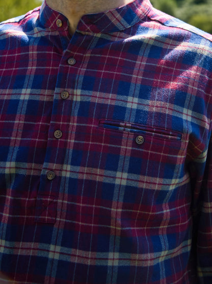 Flanell Grandfather Shirt mit Stehkragen Maroon/Navy kariert