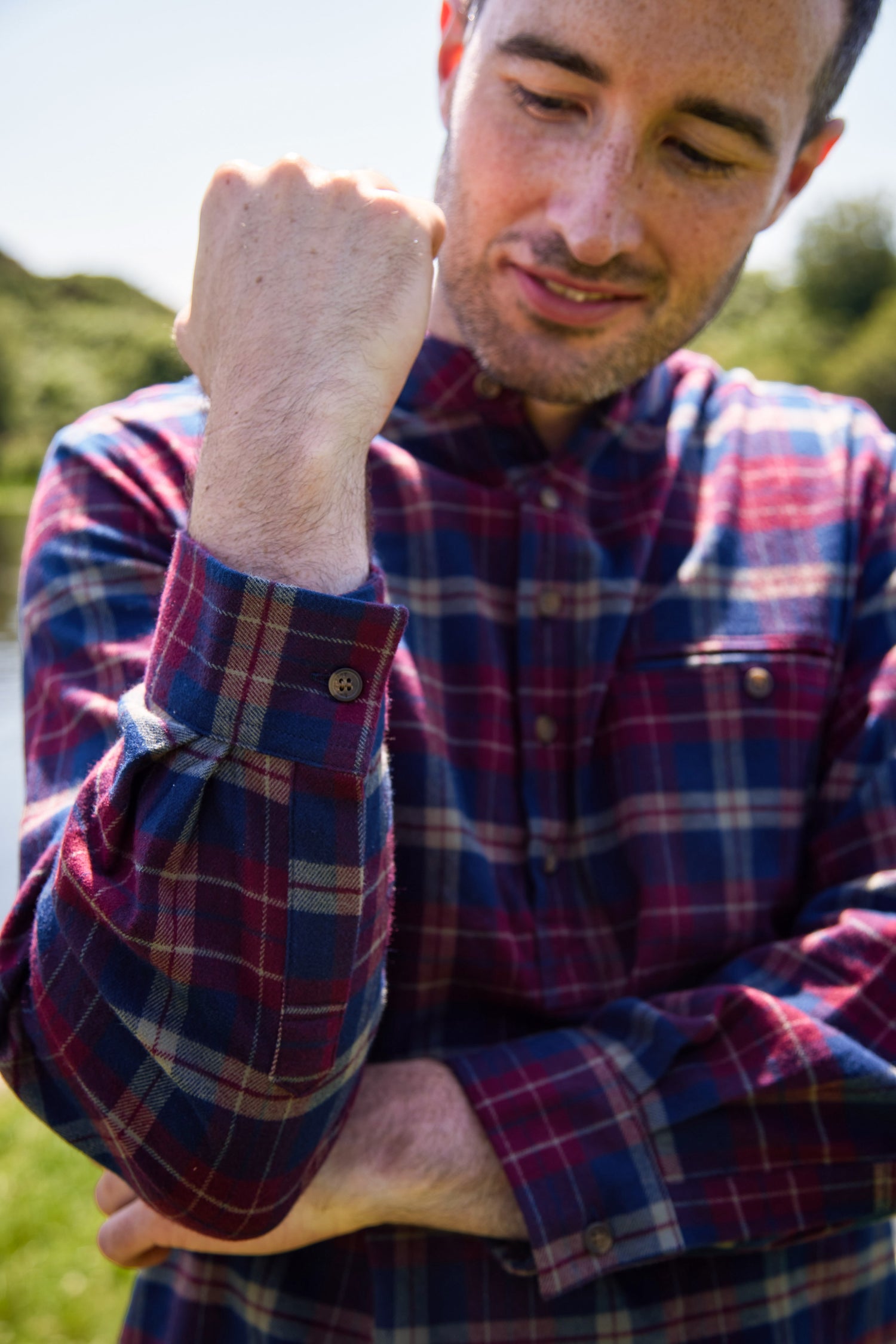 Flanell Grandfather Shirt mit Stehkragen Maroon/Navy kariert