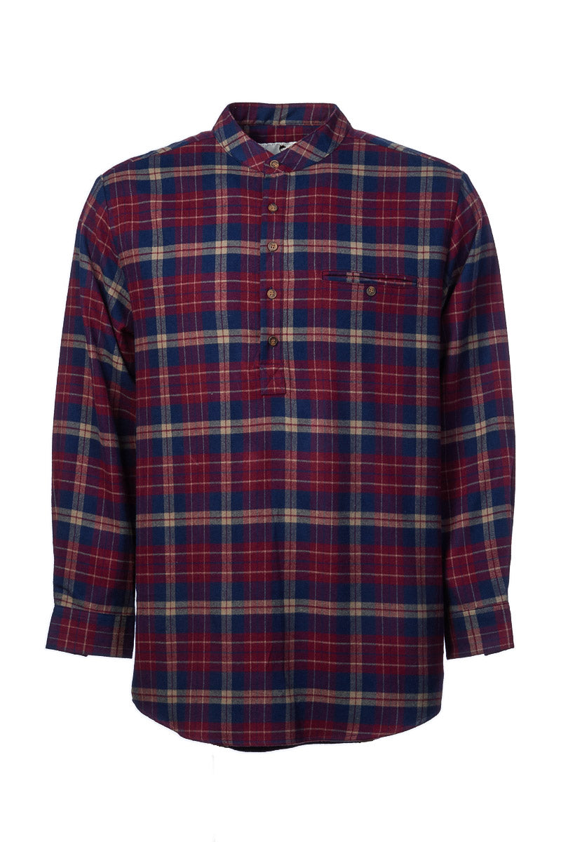 Flanell Grandfather Shirt mit Stehkragen Maroon/Navy kariert