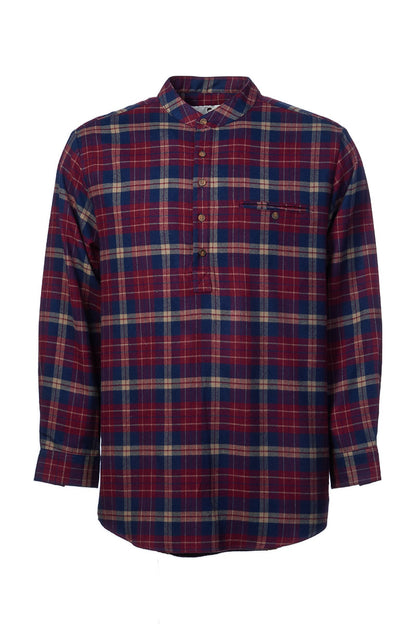 Flanell Grandfather Shirt mit Stehkragen Maroon/Navy kariert