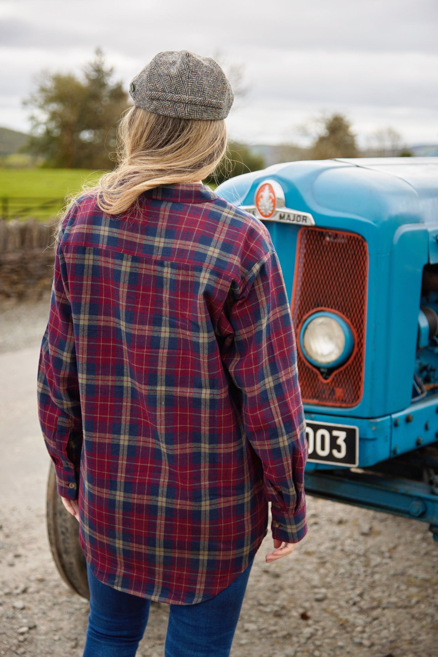 Flanell Grandfather Shirt mit Stehkragen Maroon/Navy kariert