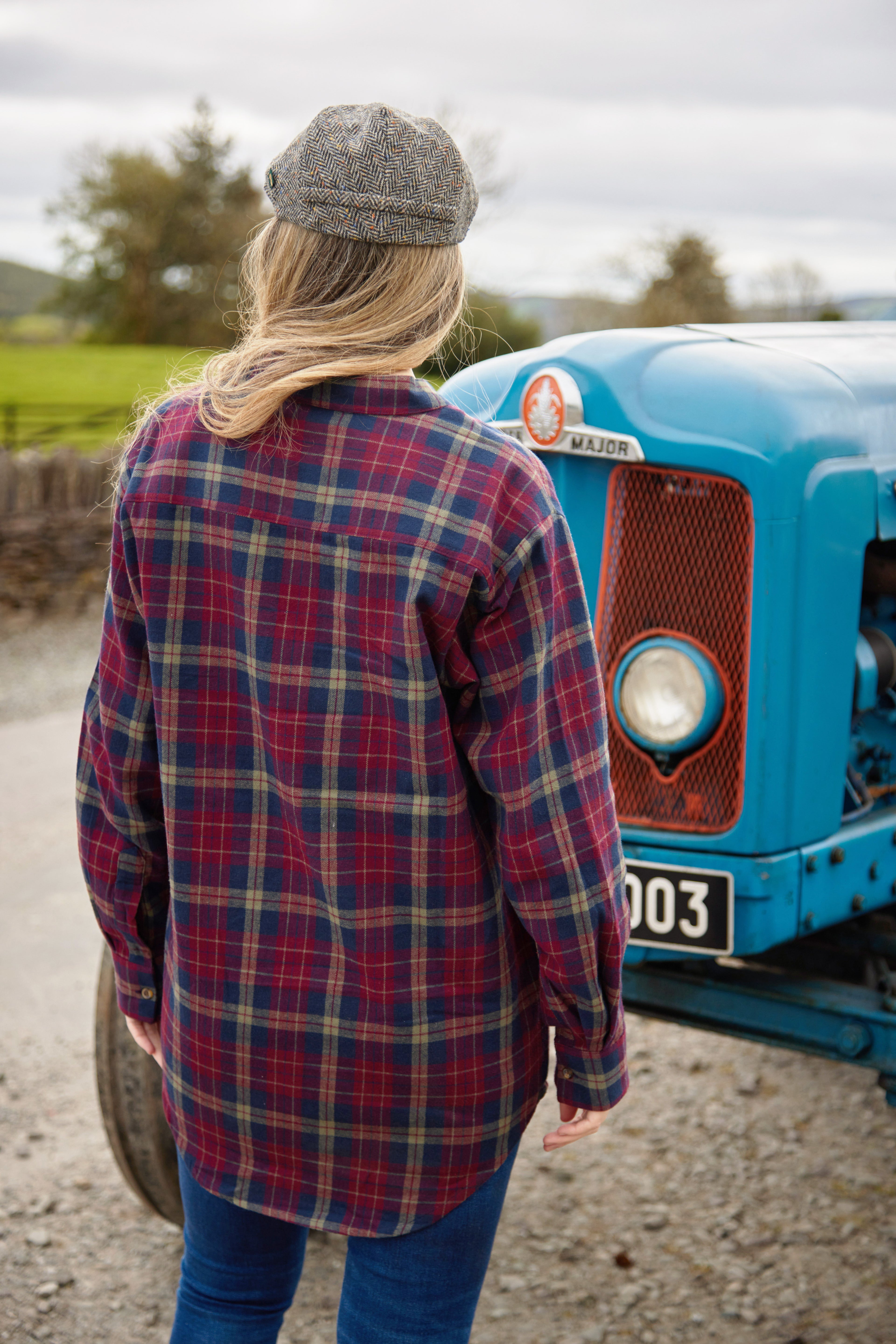 Flanell Grandfather Shirt mit Stehkragen Maroon/Navy kariert