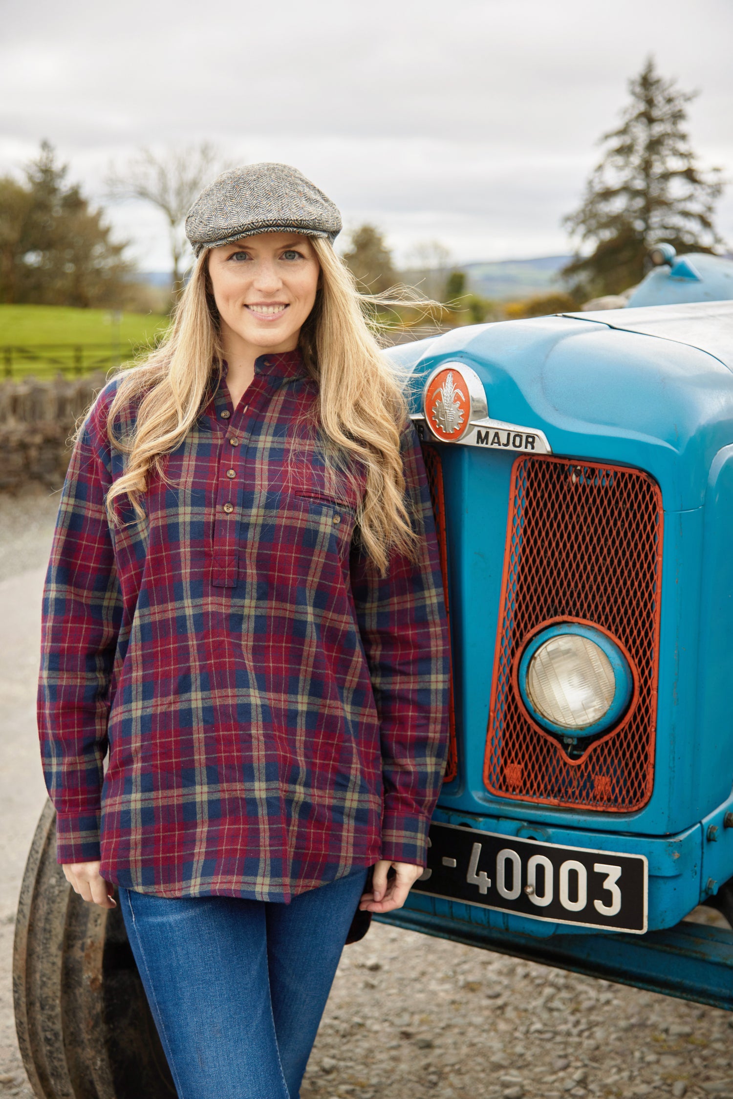 Flanell Grandfather Shirt mit Stehkragen Maroon/Navy kariert