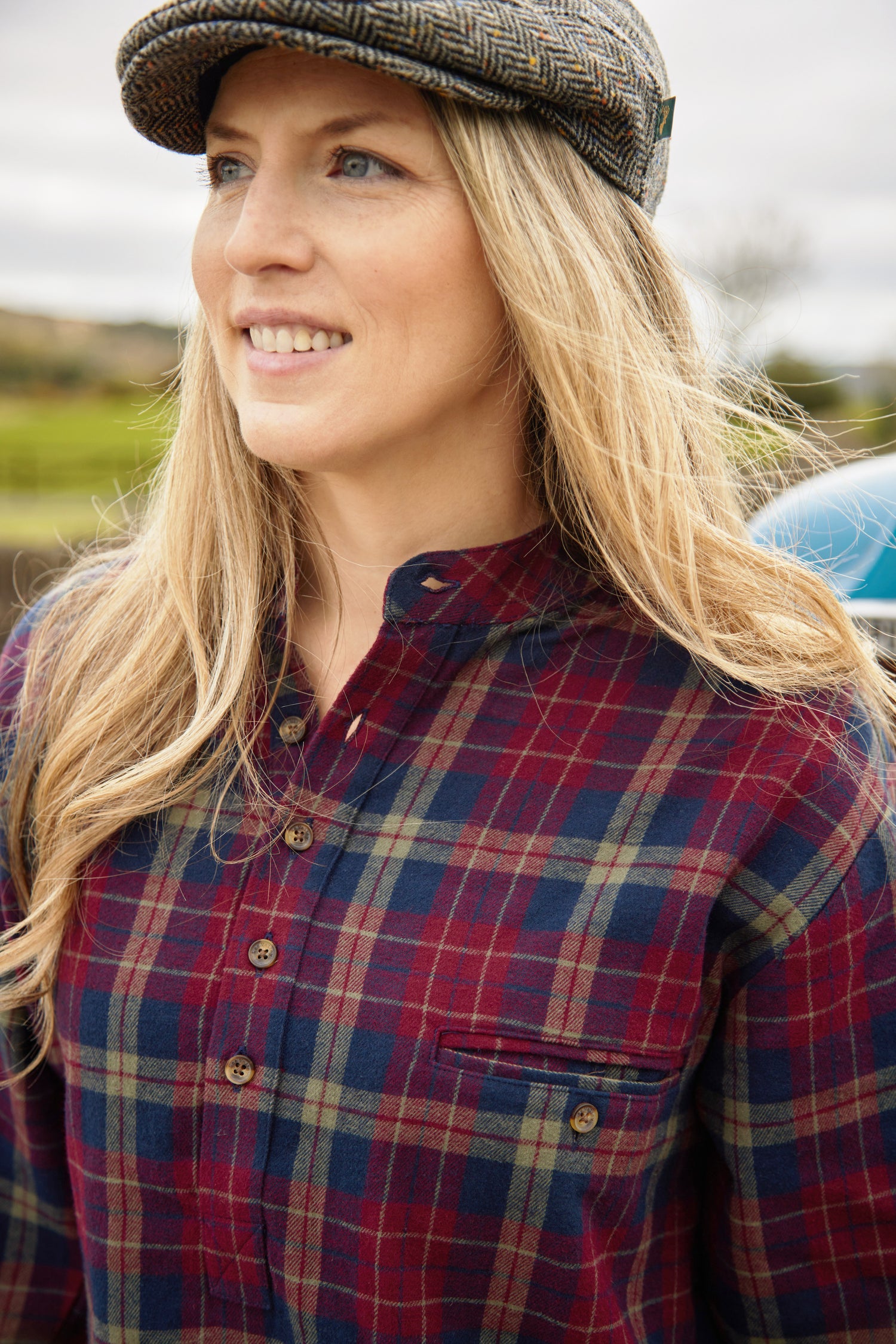 Flanell Grandfather Shirt mit Stehkragen Maroon/Navy kariert