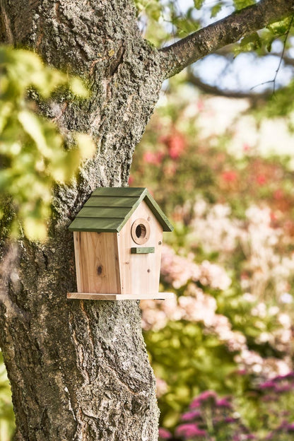 Vogelhaus naturfarbig mit grünem Dach