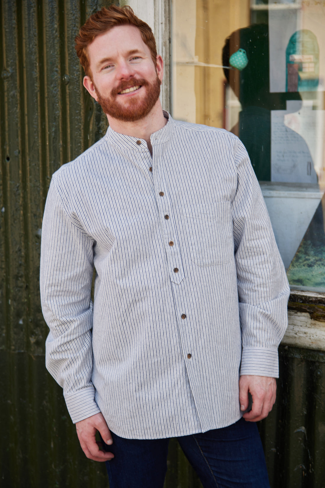 Vintage Grandfather Shirt mit Stehkragen Navy Weiß gestreift
