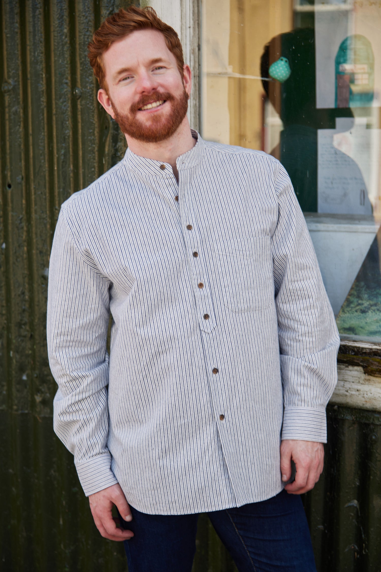 Vintage Grandfather Shirt mit Stehkragen Navy Weiß gestreift