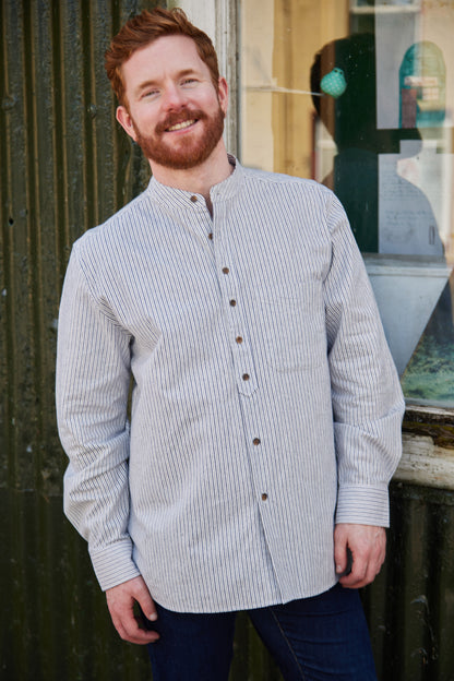 Vintage Grandfather Shirt mit Stehkragen Navy Weiß gestreift