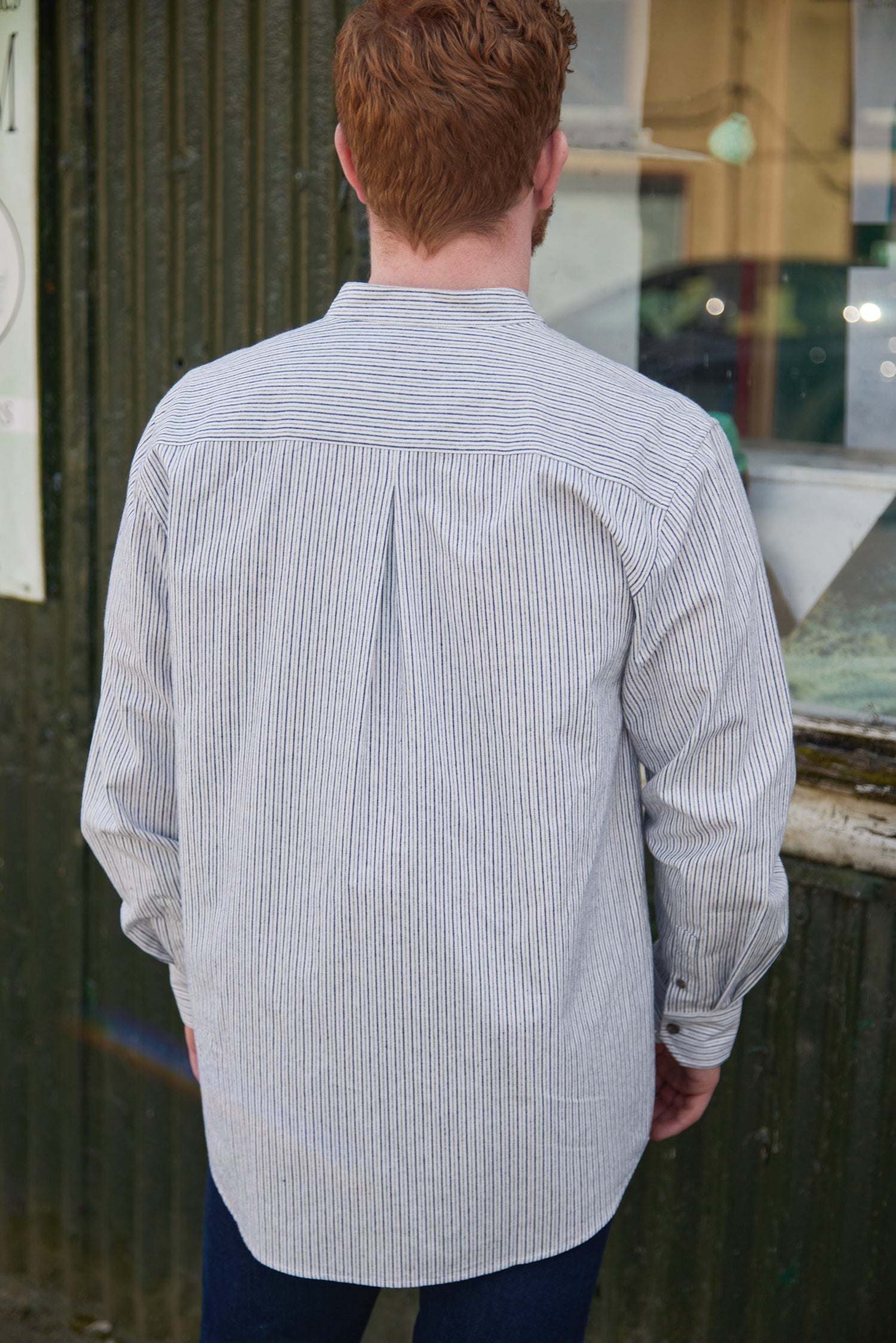 Vintage Grandfather Shirt mit Stehkragen Navy Weiß gestreift