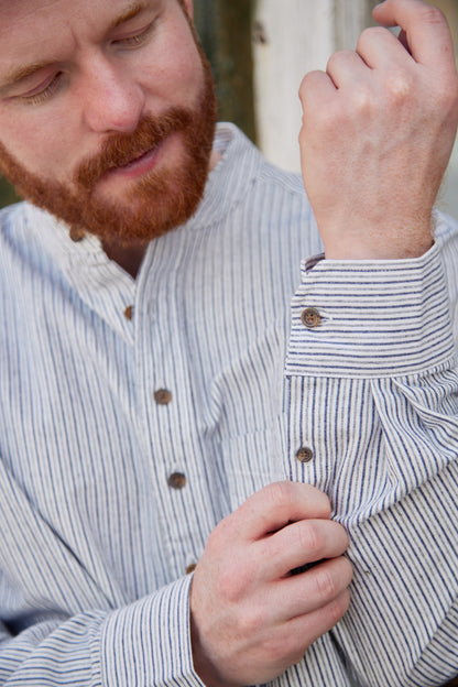 Vintage Grandfather Shirt mit Stehkragen Navy Weiß gestreift