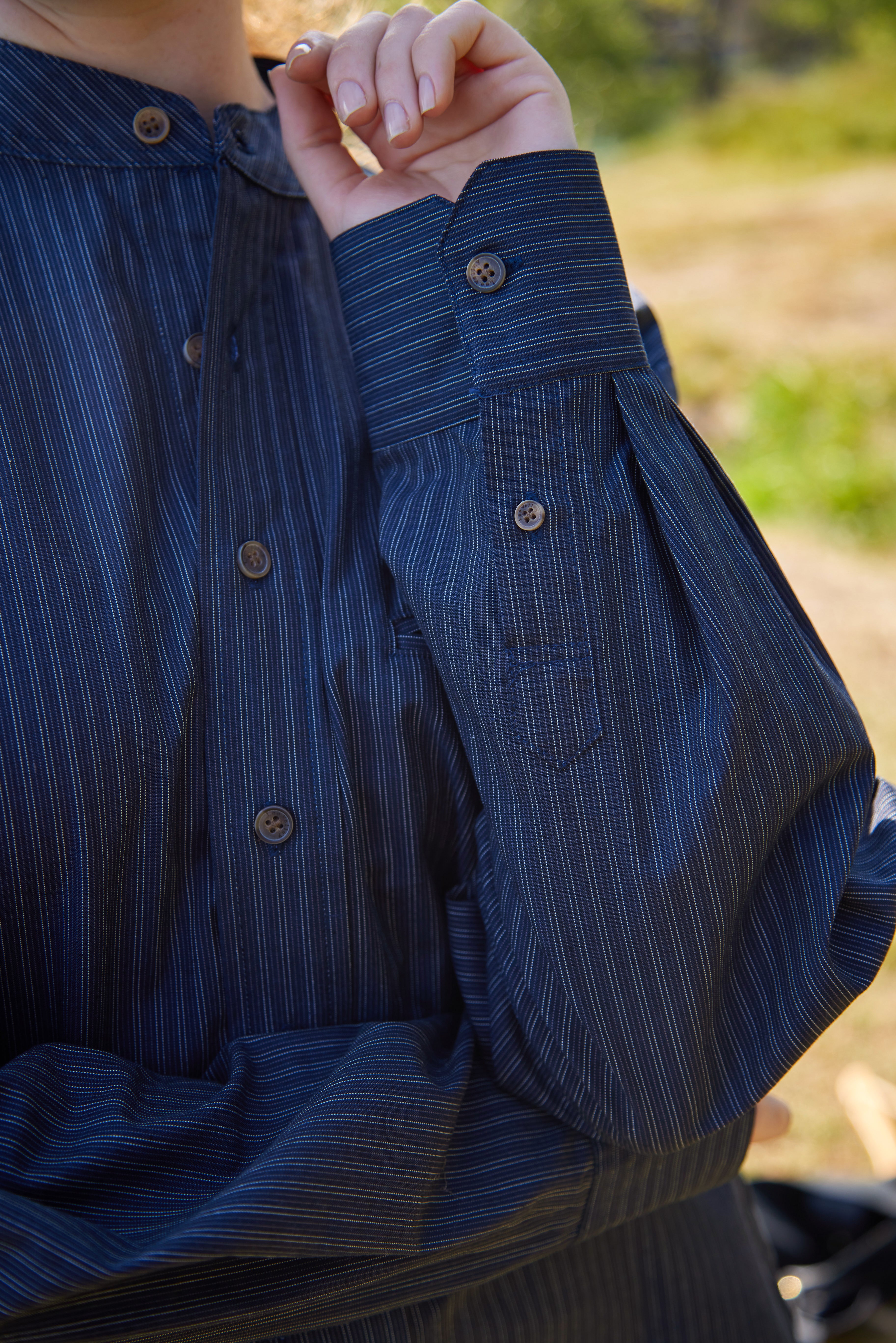 Comfort Cotton Grandfather Shirt mit Stehkragen Navy Weiß gestreift