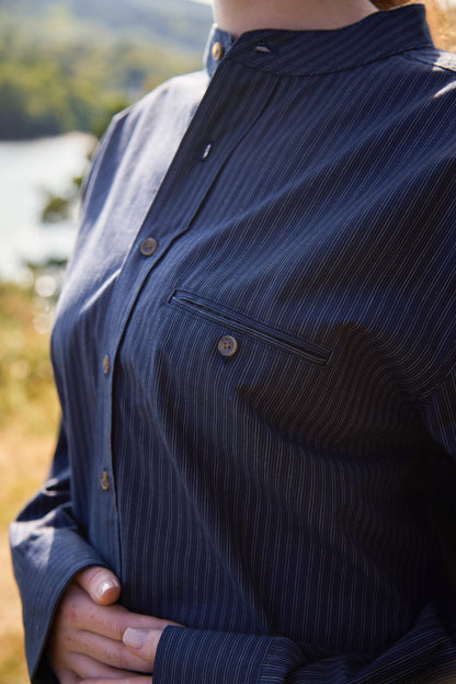 Comfort Cotton Grandfather Shirt mit Stehkragen Navy Weiß gestreift
