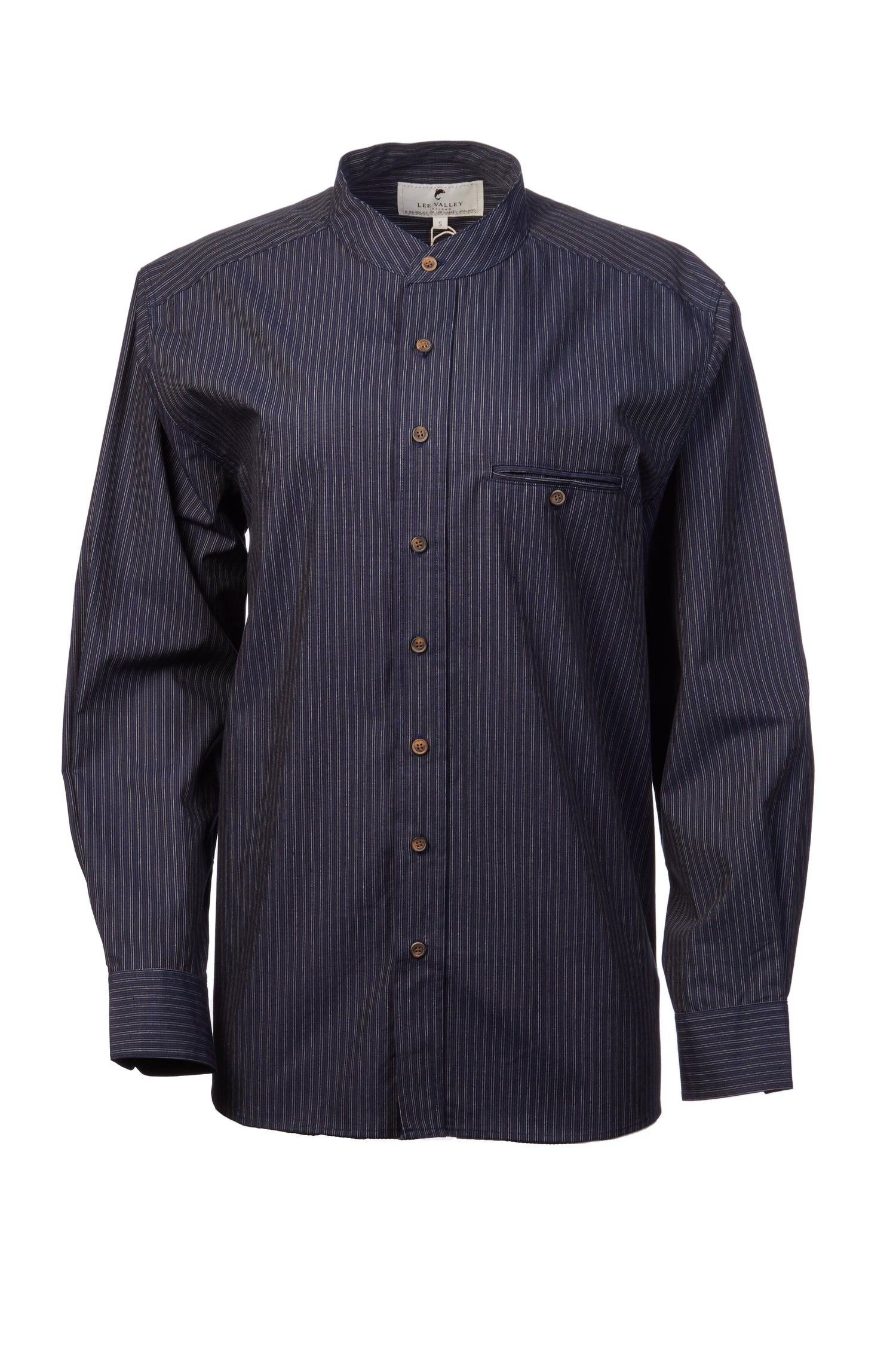 Comfort Cotton Grandfather Shirt mit Stehkragen Navy Weiß gestreift