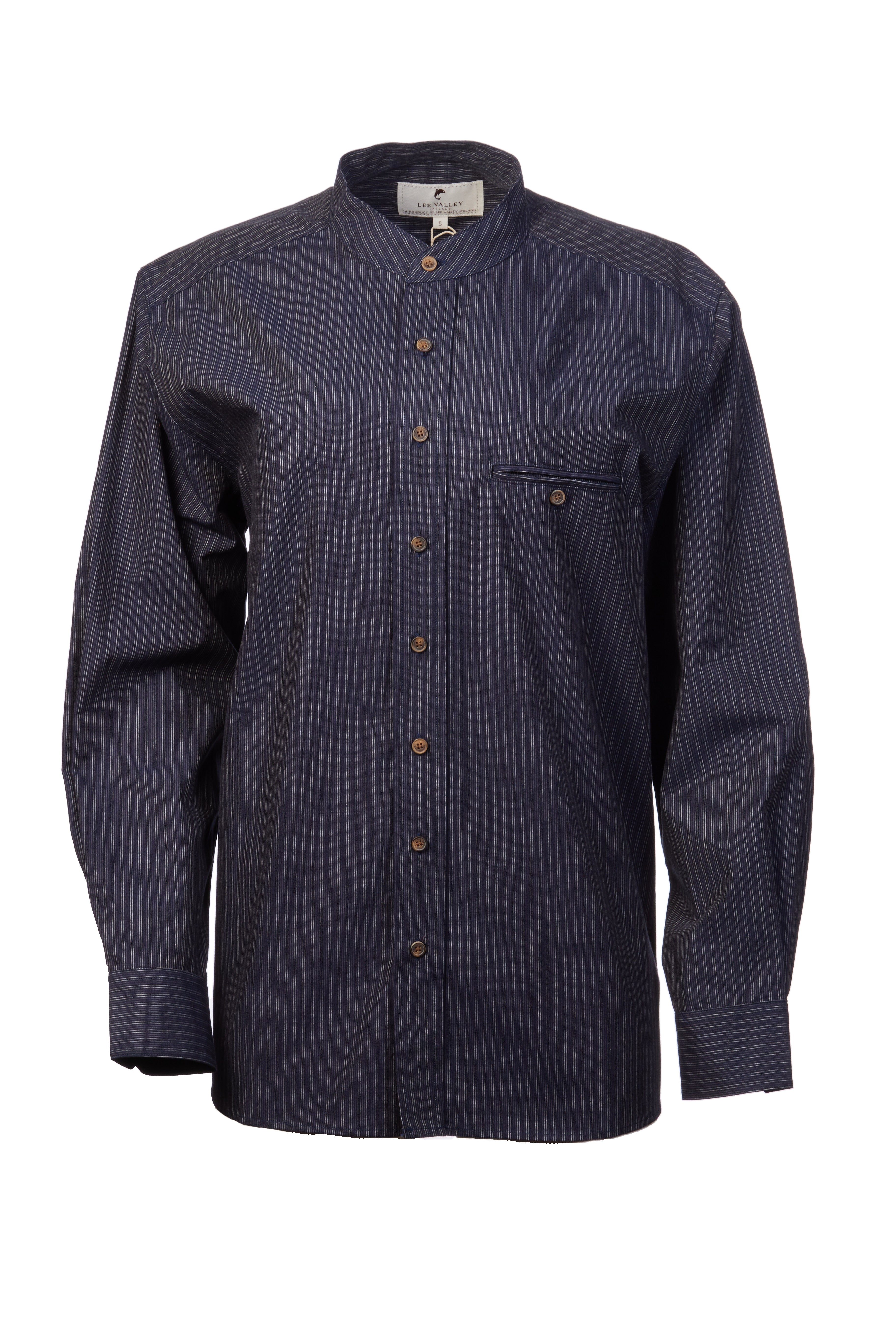 Comfort Cotton Grandfather Shirt mit Stehkragen Navy Weiß gestreift