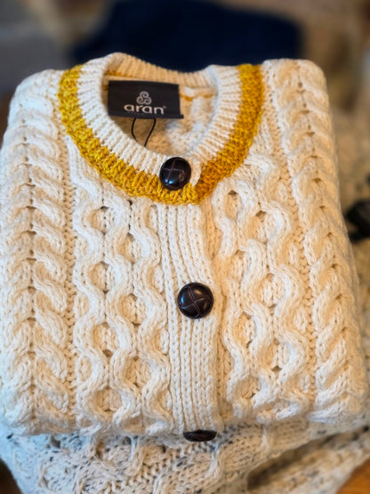 Kinder Aran-Strickjacke – mit orange-gelben Streifen, 100 % Merinowolle