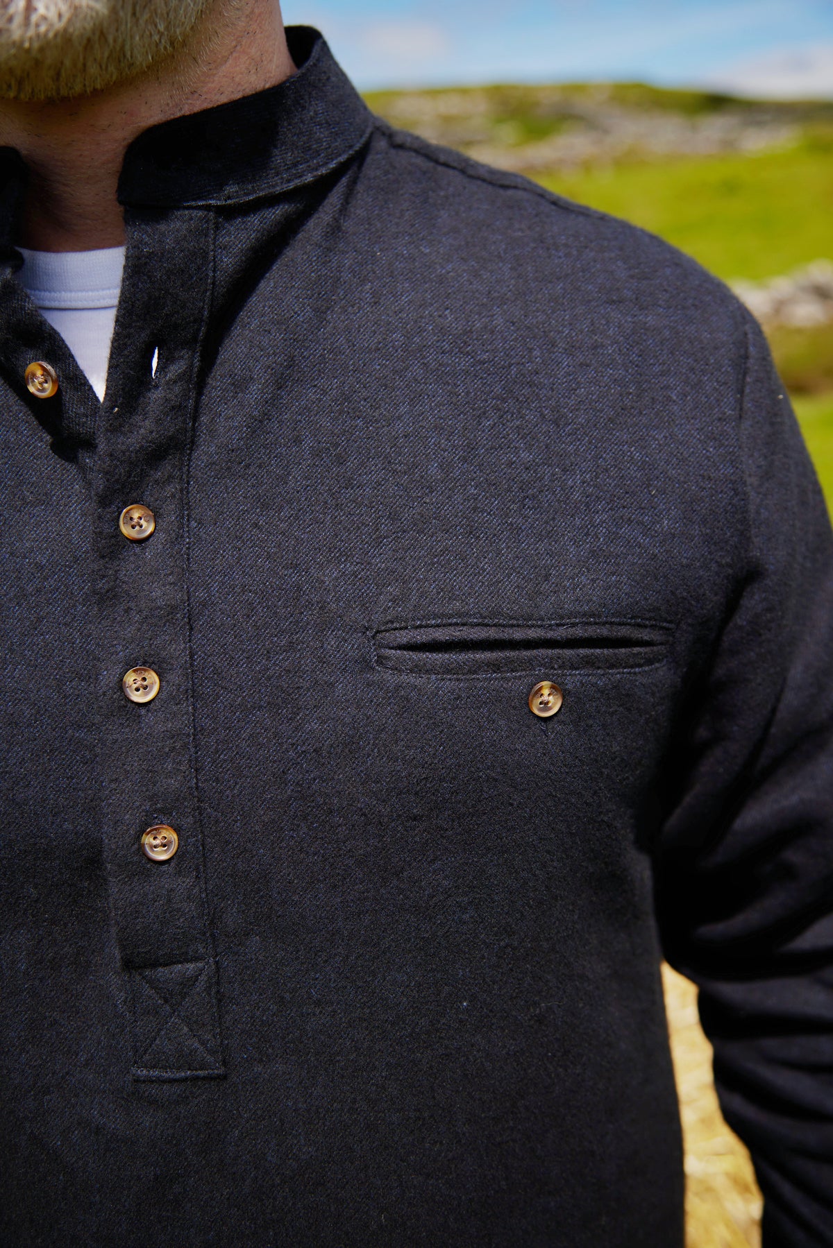 Flanell Grandfather Shirt mit Stehkragen Navy Melange Twill