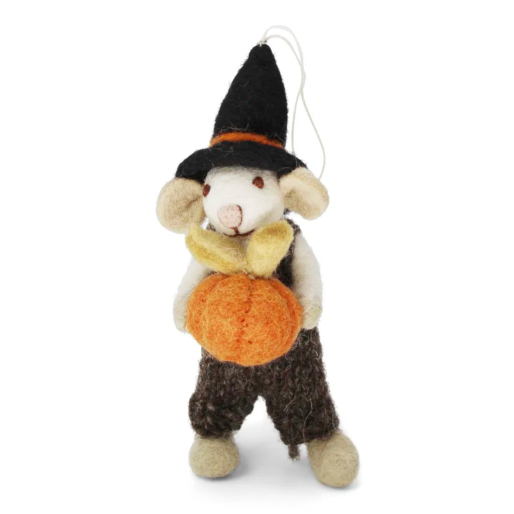 Herbstliche weiße Maus mit Kürbis und Hut