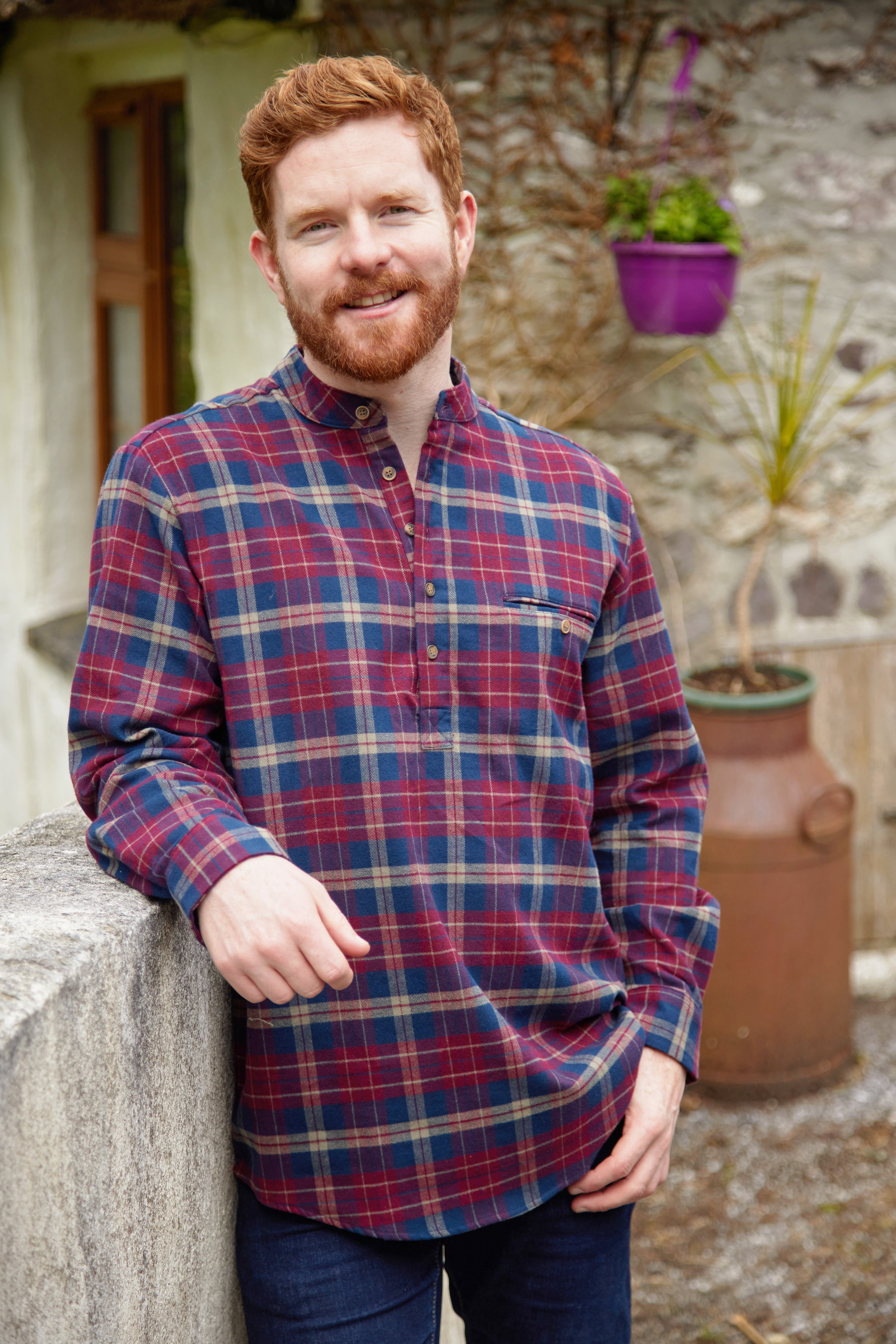 Flanell Grandfather Shirt mit Stehkragen Maroon/Navy kariert
