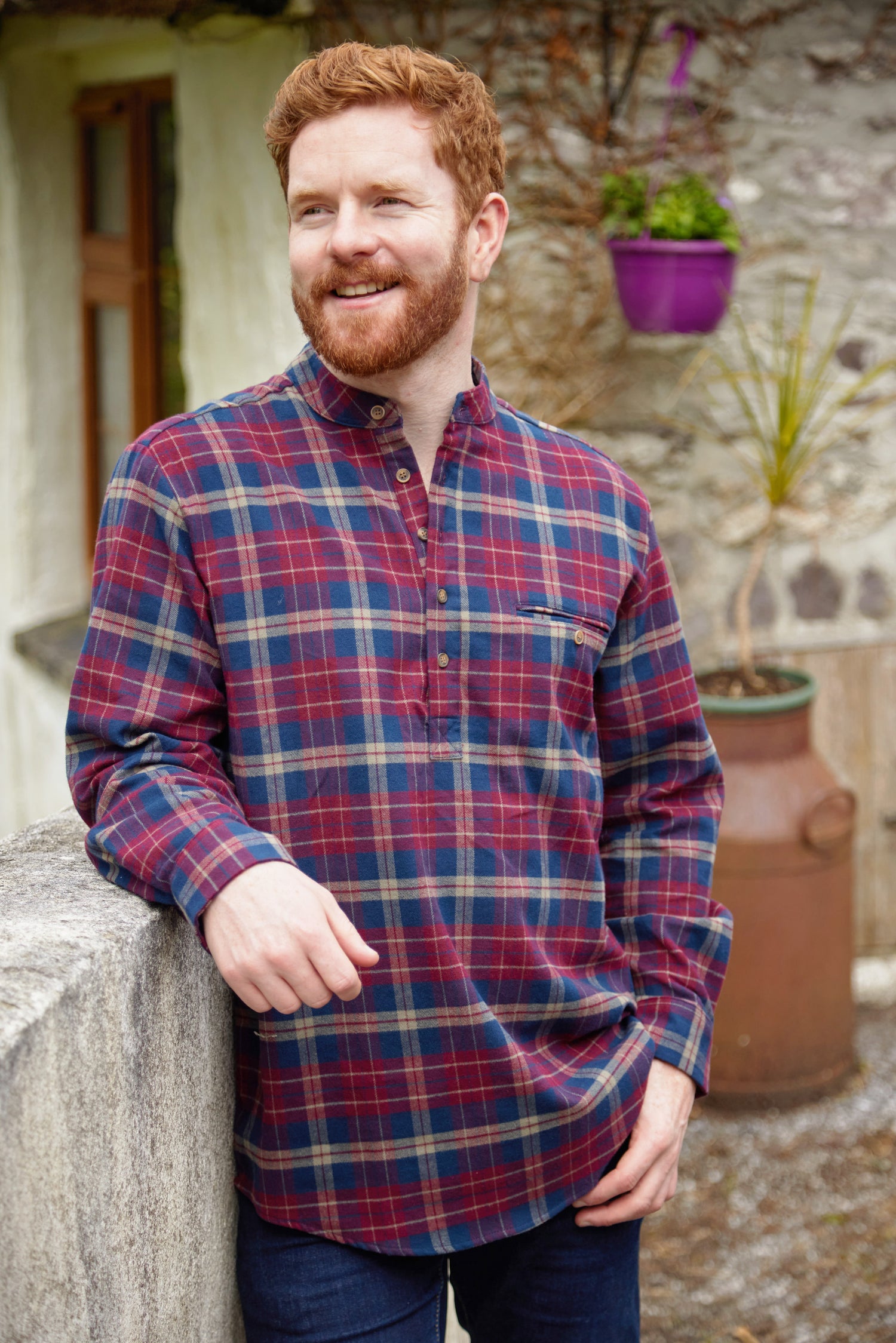 Flanell Grandfather Shirt mit Stehkragen Maroon/Navy kariert
