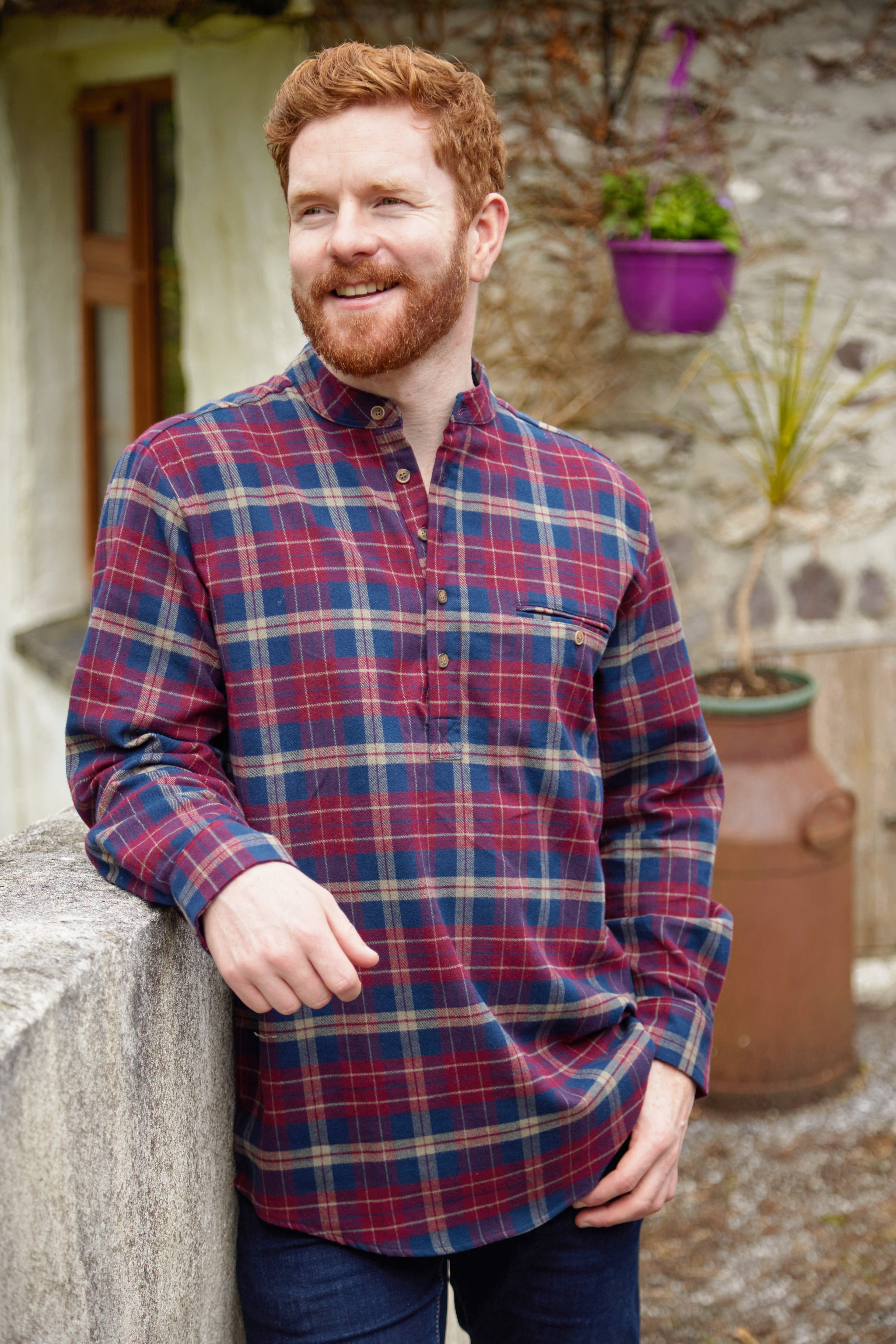 Flanell Grandfather Shirt mit Stehkragen Maroon/Navy kariert