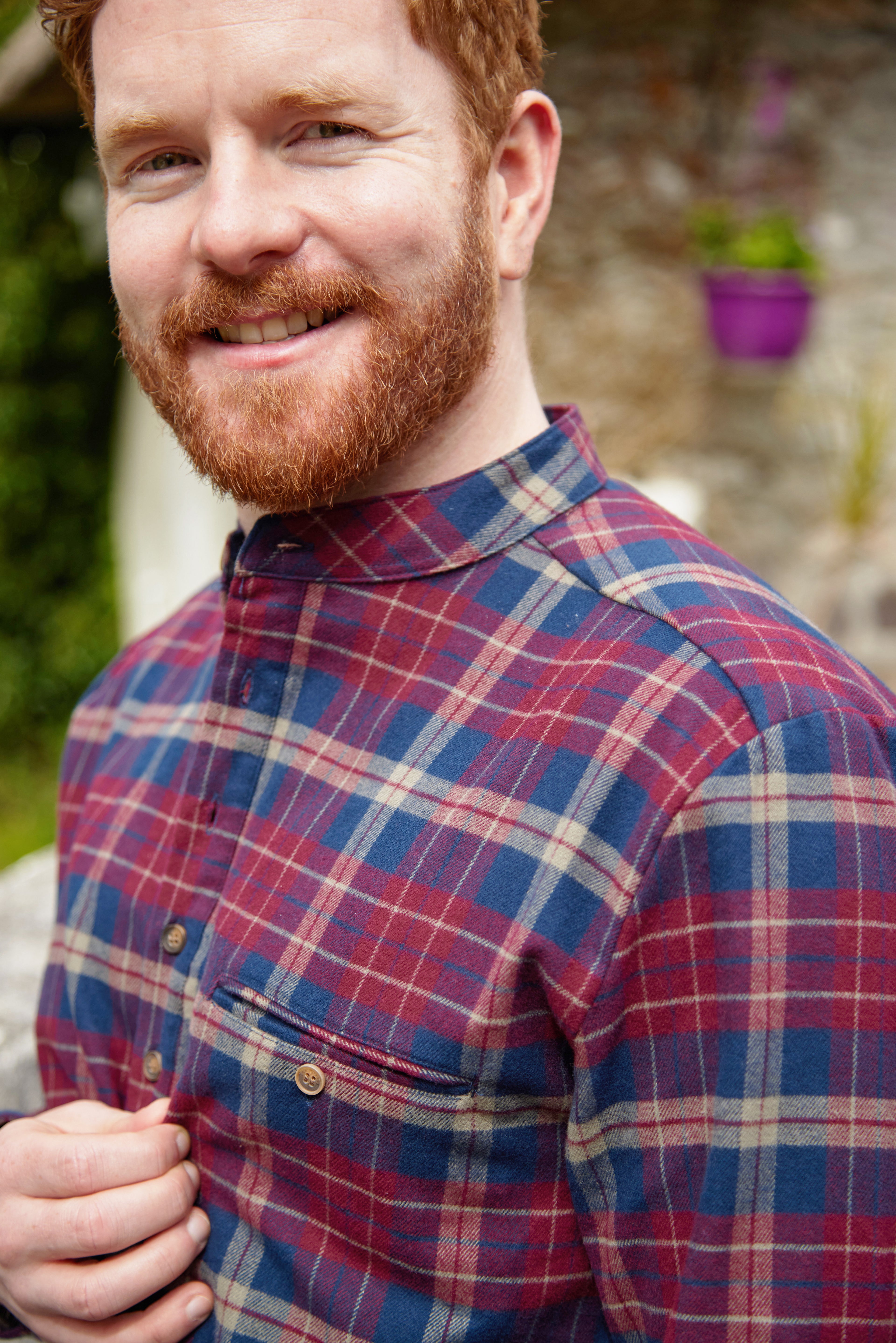 Flanell Grandfather Shirt mit Stehkragen Maroon/Navy kariert