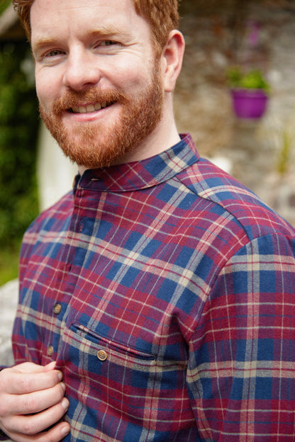 Flanell Grandfather Shirt mit Stehkragen Maroon/Navy kariert