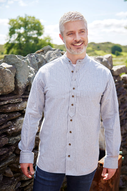 Vintage Grandfather Shirt mit Stehkragen Elfenbein Nadelstreifen