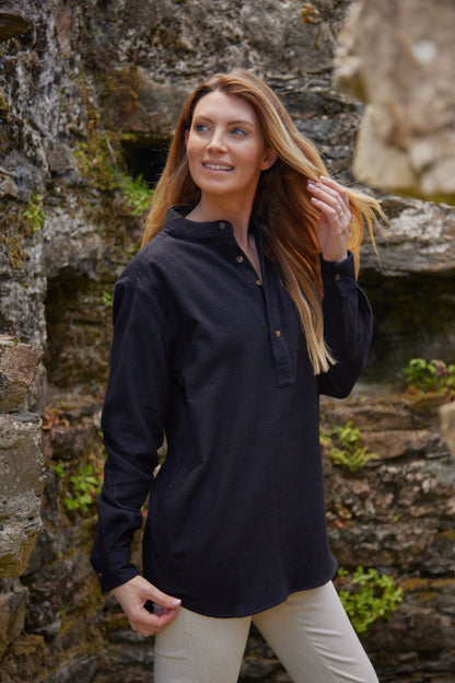 Flanell Grandfather Shirt mit Stehkragen Navy Melange Twill