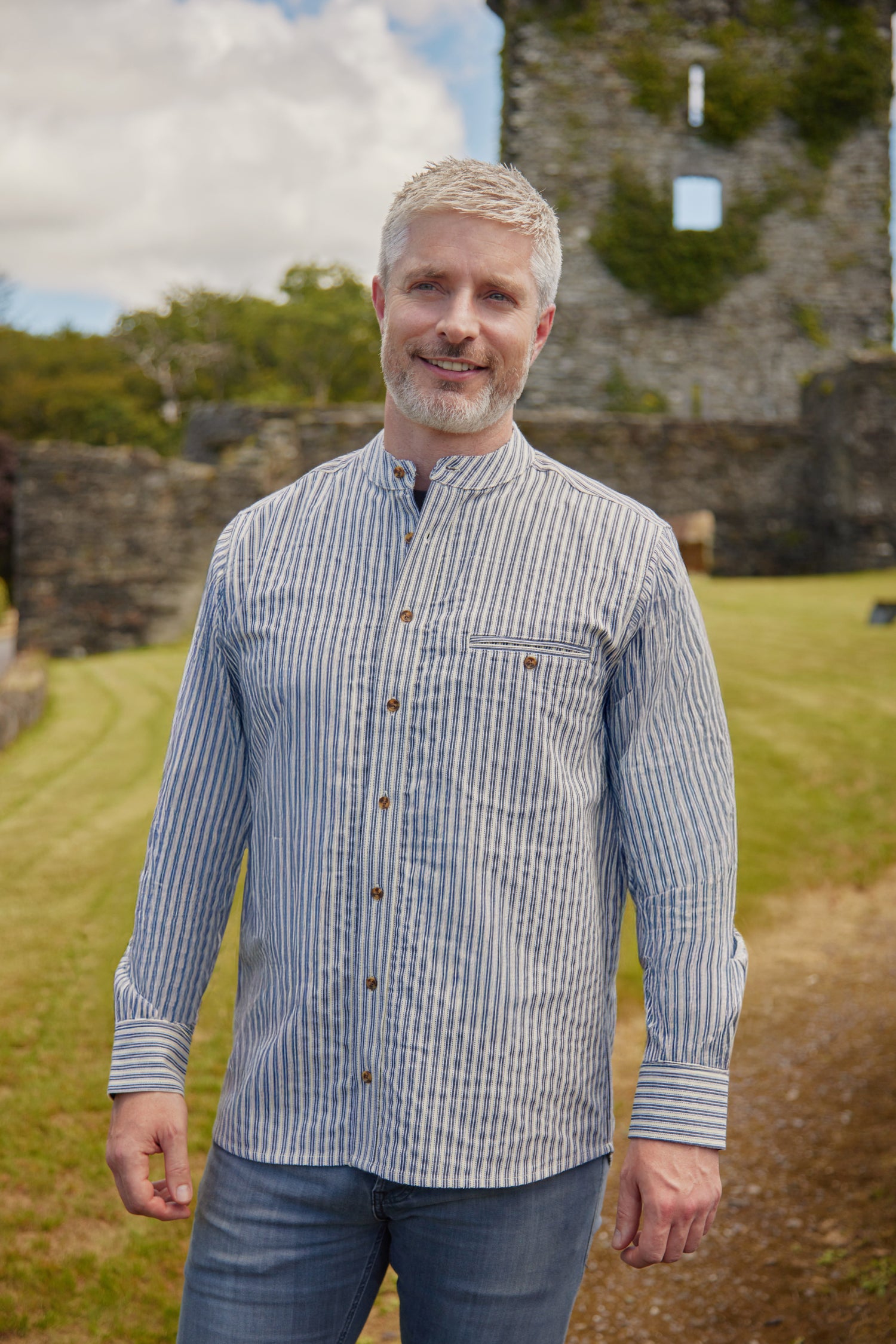 Comfort Cotton Grandfather Shirt mit Stehkragen Navy Ecru gestreift