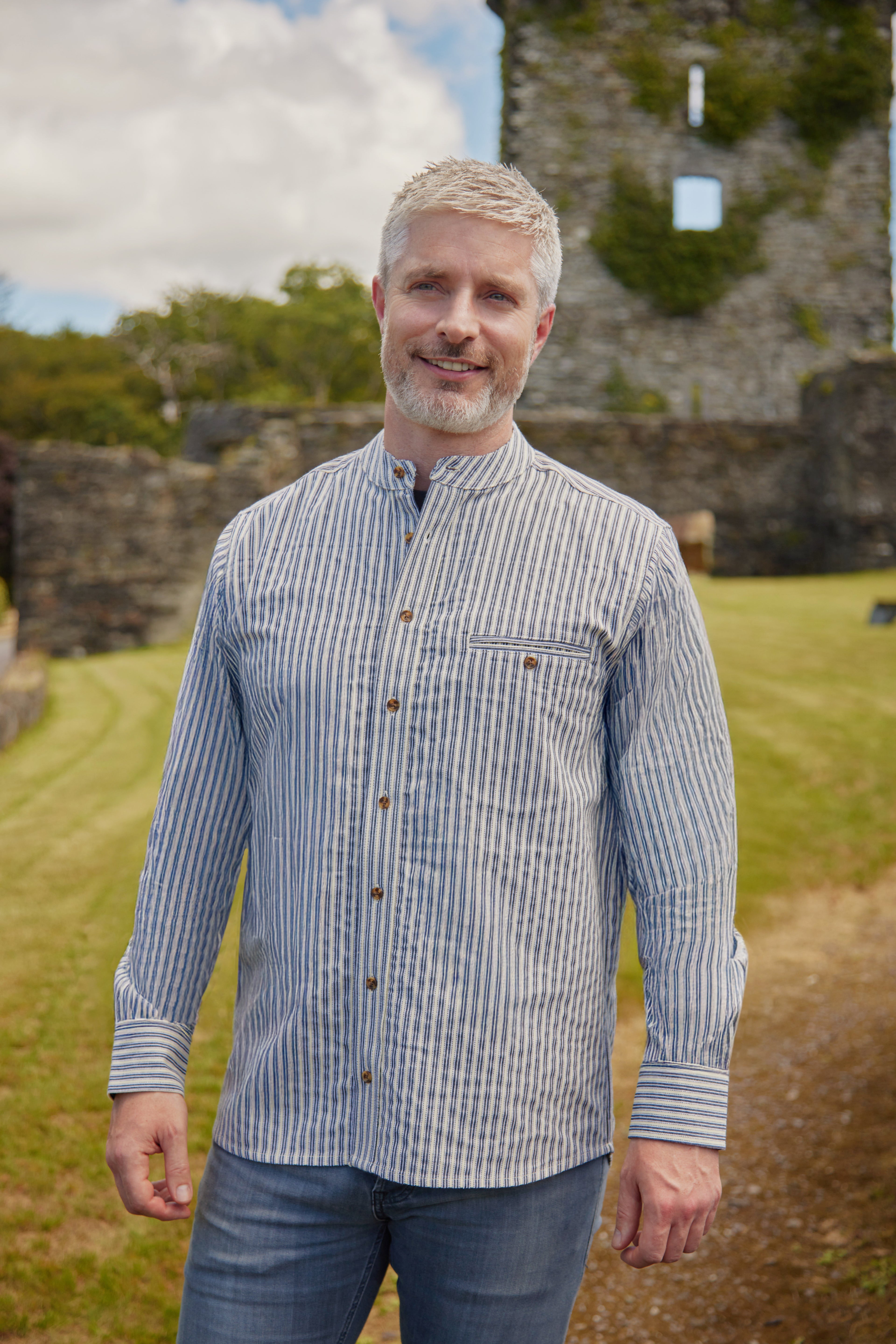 Comfort Cotton Grandfather Shirt mit Stehkragen Navy Ecru gestreift