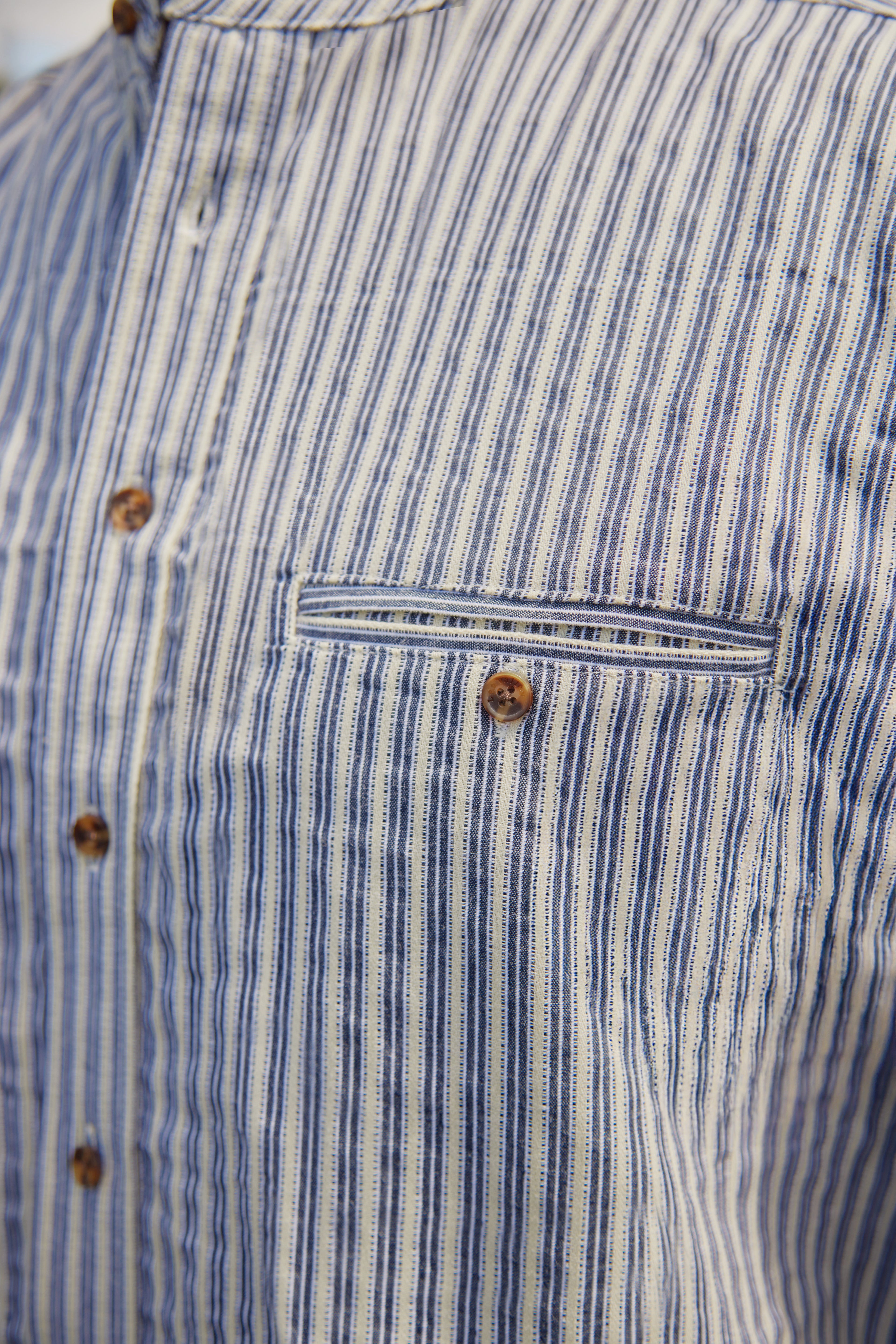 Comfort Cotton Grandfather Shirt mit Stehkragen Navy Ecru gestreift