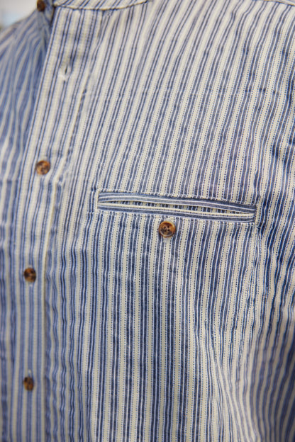 Comfort Cotton Grandfather Shirt mit Stehkragen Navy Ecru gestreift