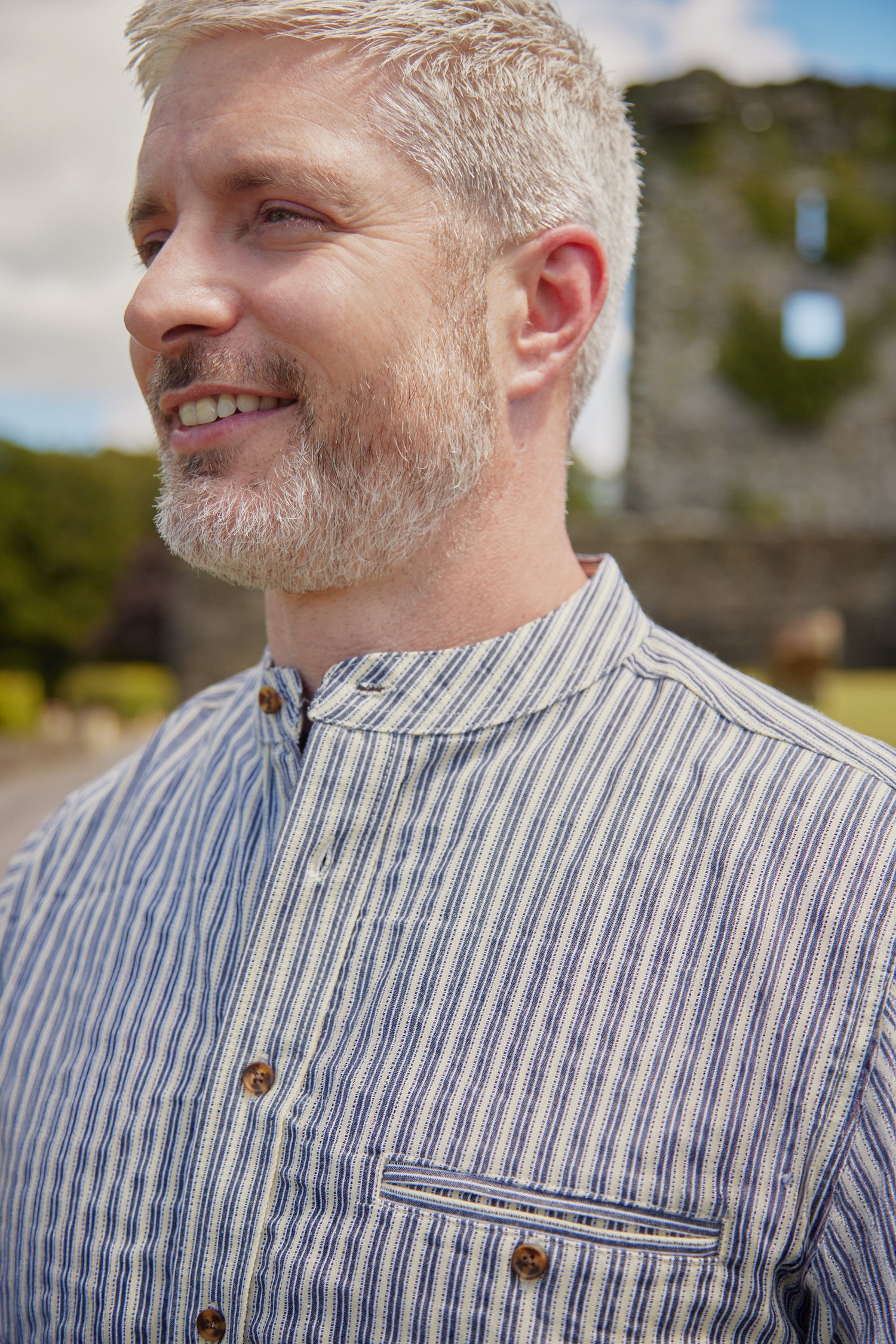 Comfort Cotton Grandfather Shirt mit Stehkragen Navy Ecru gestreift