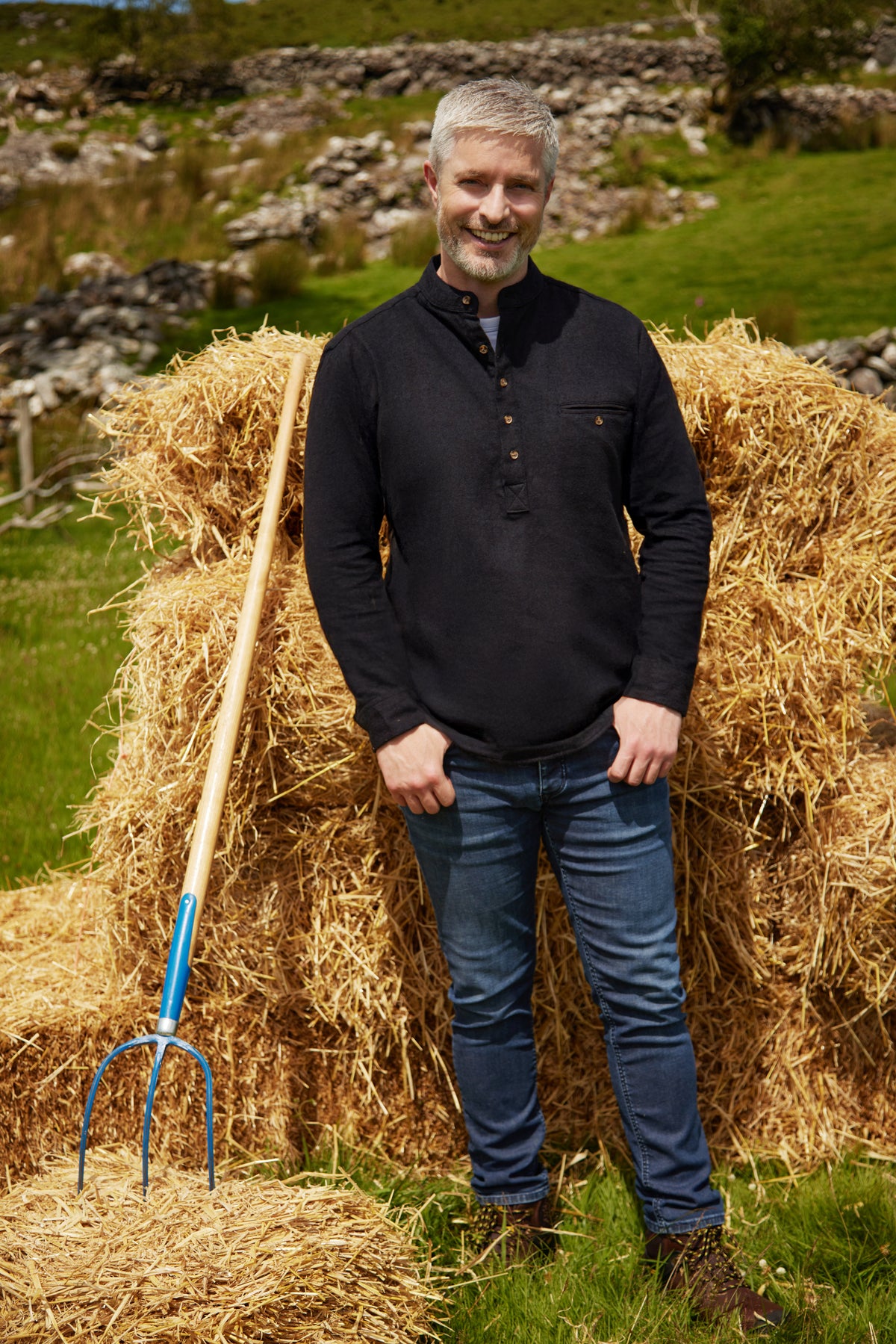 Flanell Grandfather Shirt mit Stehkragen Navy Melange Twill