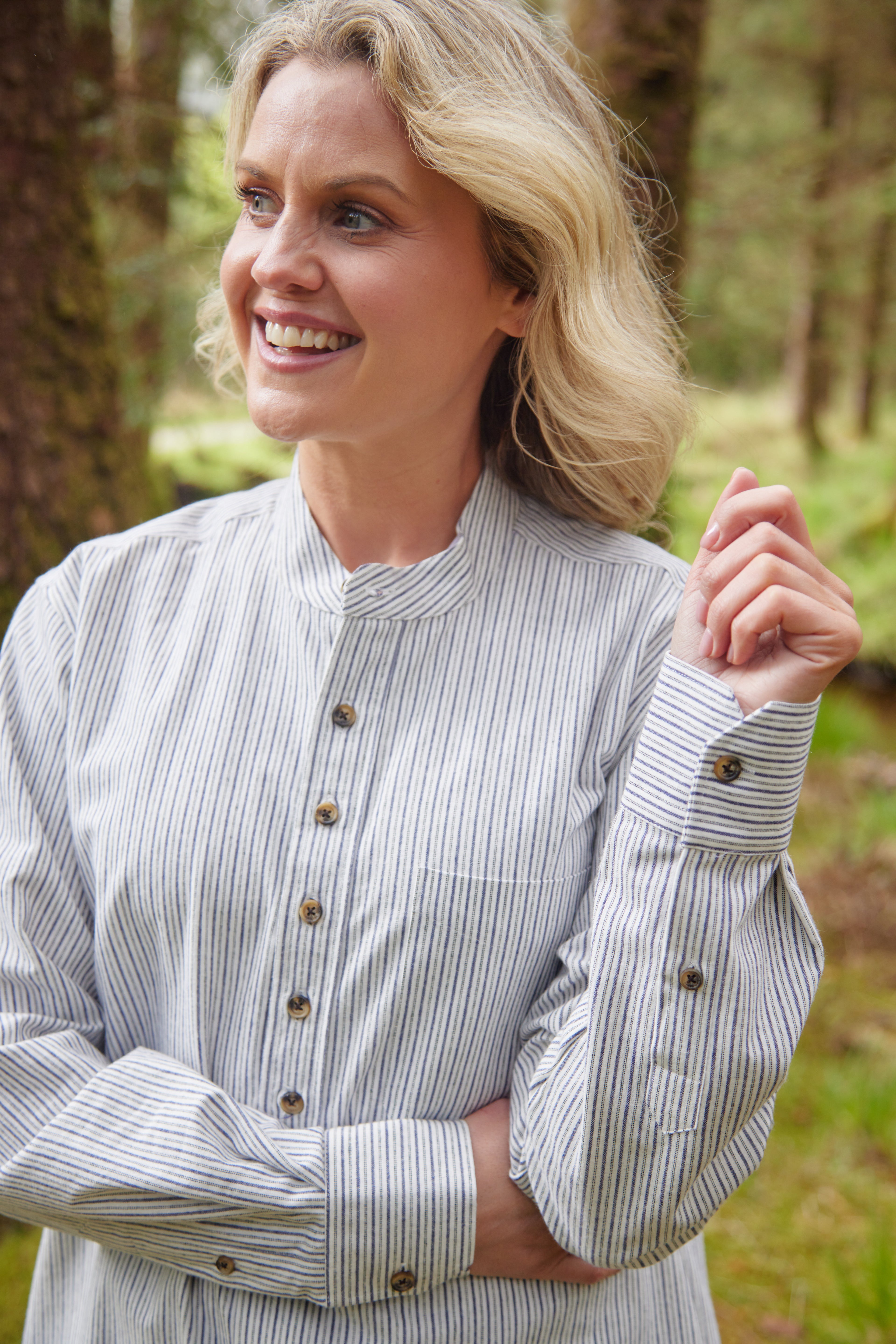 Vintage Grandfather Shirt mit Stehkragen Navy Weiß gestreift