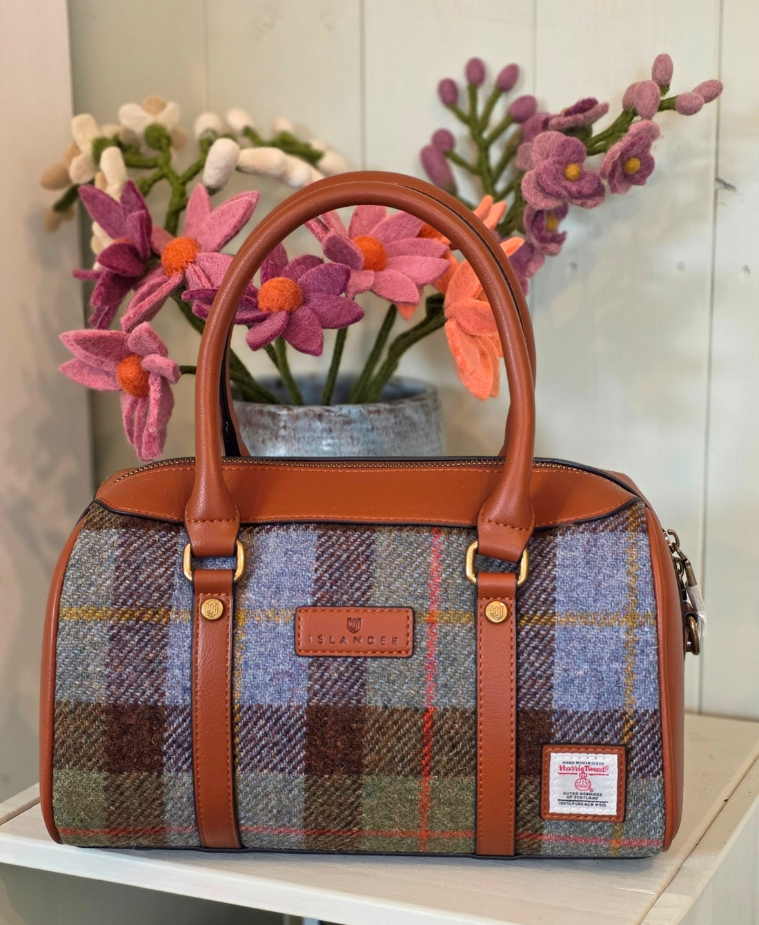 The Medium Duffel Bag Chestnut and Blue Tartan