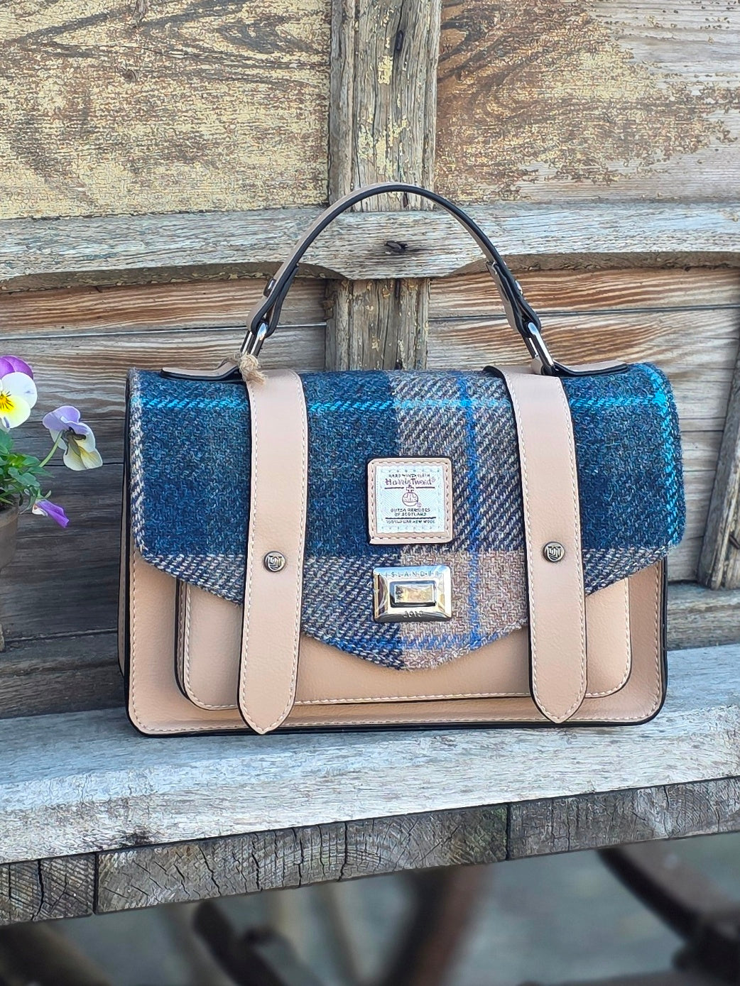 The Medium Satchel Navy Beige