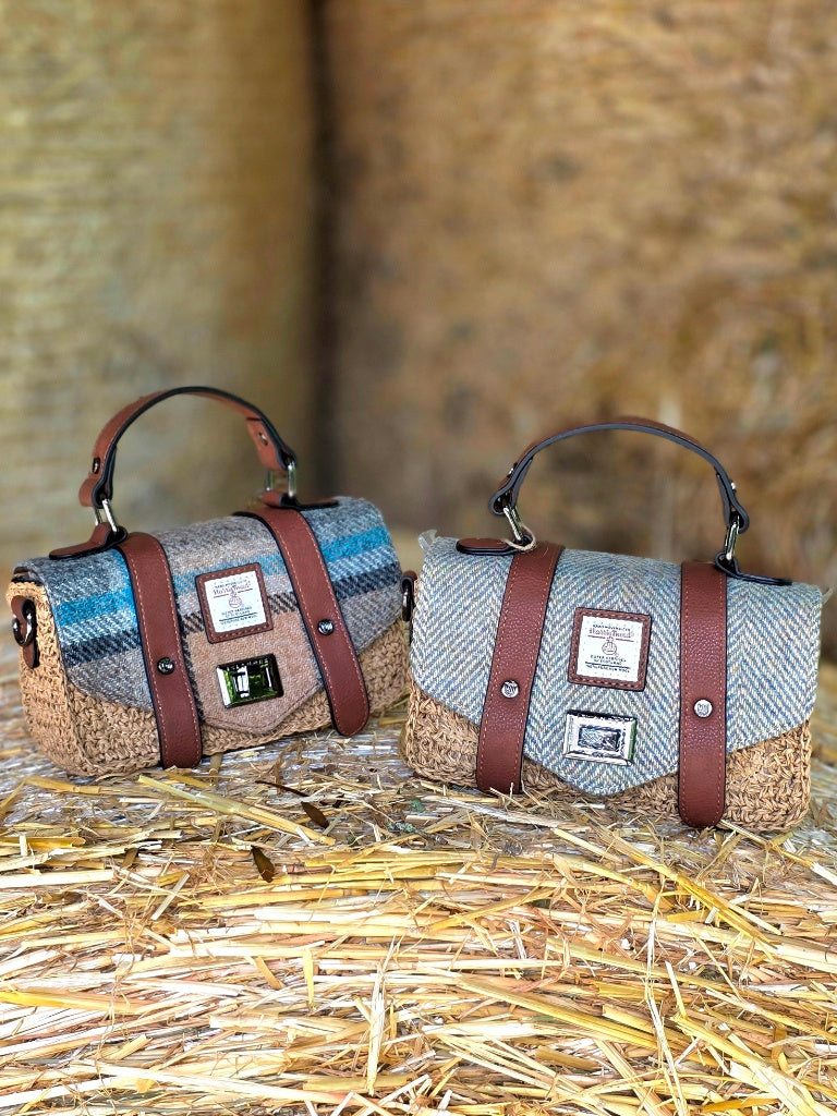 The Mini Straw Satchel Blue Cream Herringbone
