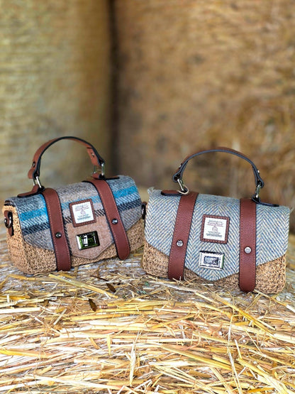 The Mini Straw Satchel Blue Cream Herringbone