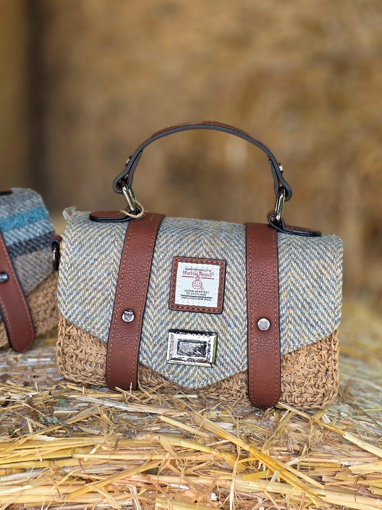 The Mini Straw Satchel Blue Cream Herringbone