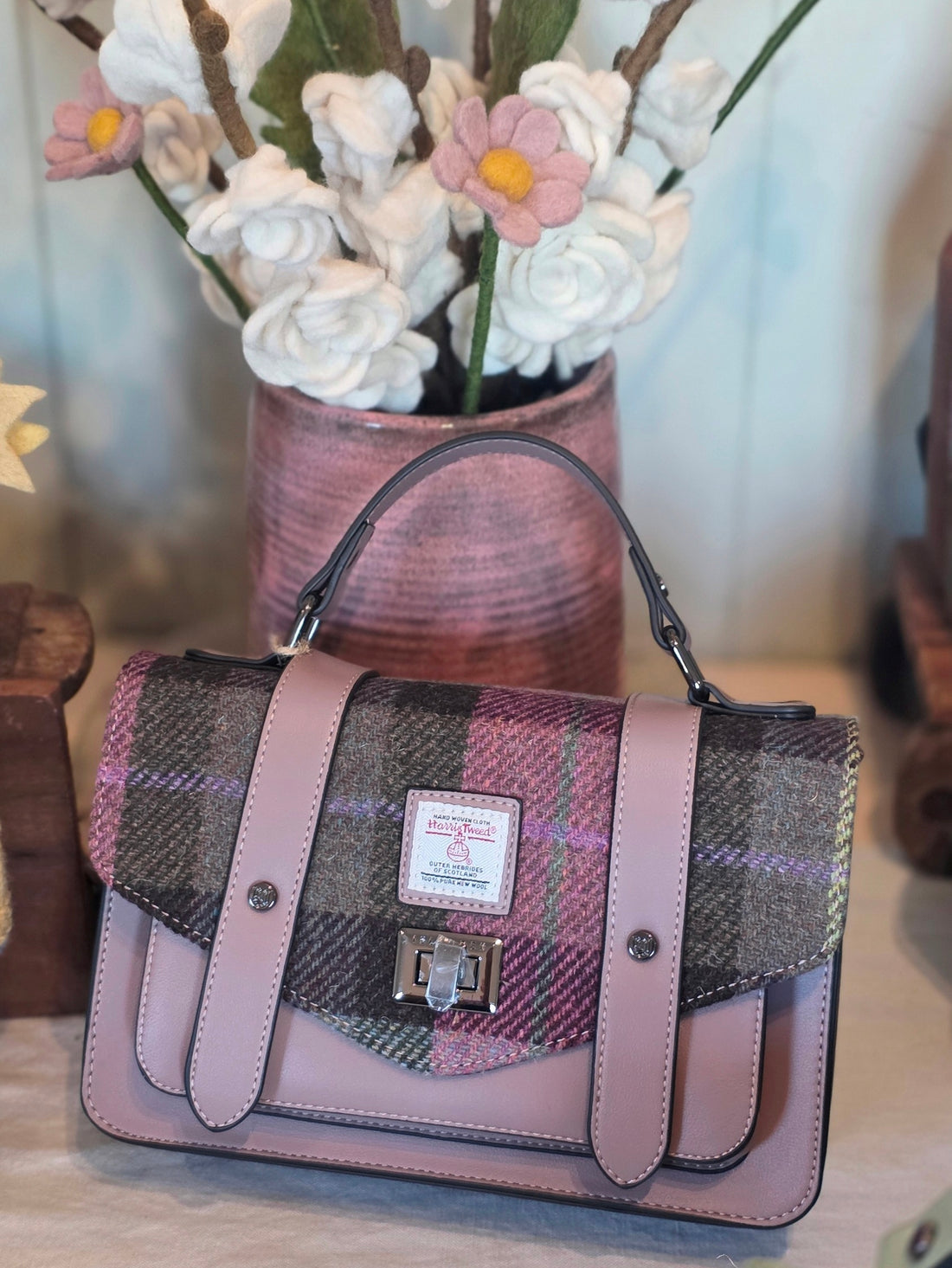 The Medium Satchel Pink and Green Tartan